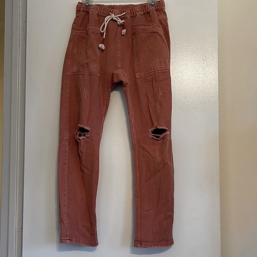 Boyfriend cotton pants with drawstring waist, rust color